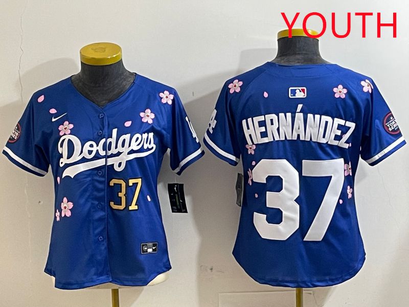 Youth Los Angeles Dodgers #37 Hernandez Blue Sakura Edition 2025 Nike MLB Jersey style 4->youth mlb jersey->Youth Jersey